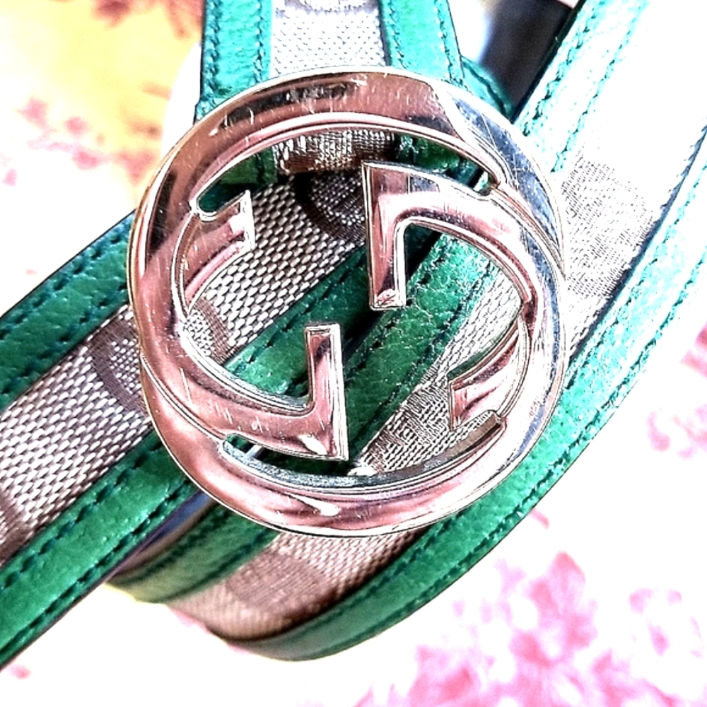 GUCCI Y2k MONOGRAM HTF Forest Green Leather Brown Canvas Luxury GG Buckle BELT - Picture 3 of 12